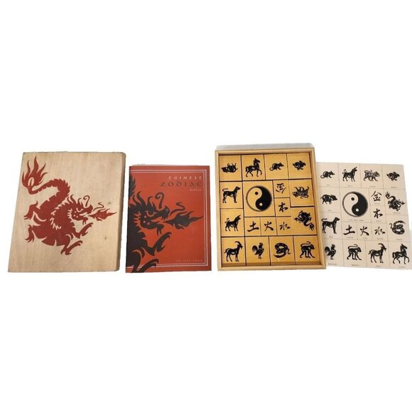 Lily Song Chinese Zodiac Animal Symbols 18 Rubber Stamps Set In Wooden Box New - Picture 2 of 9